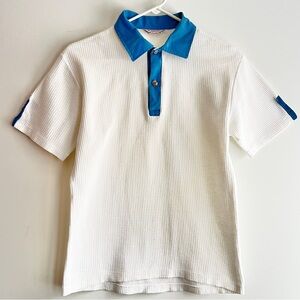 70s Waffle-knit Polo Shirt with Contrast Collar White / Blue Size Medium